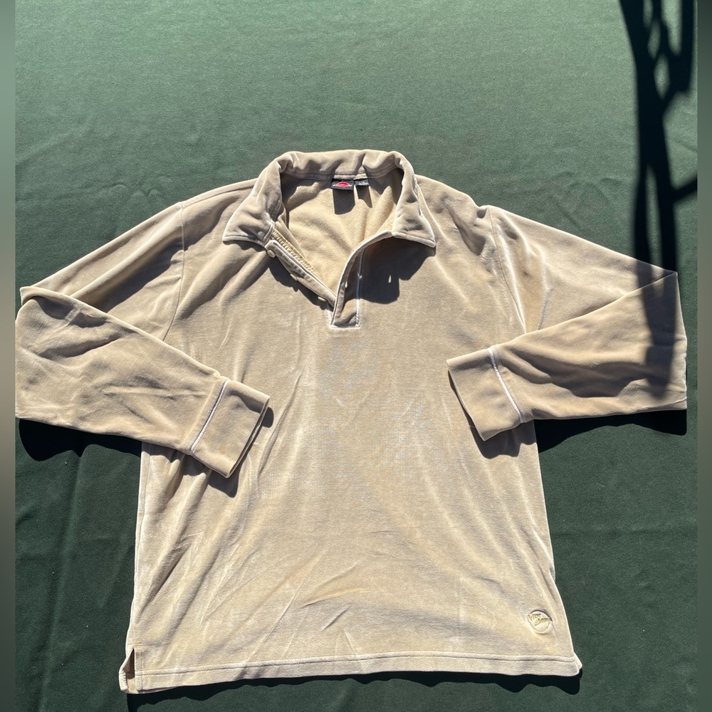 Nick Danger Tan Cotton Blend Velour Long Sleeve Collared Pullover Top Size L